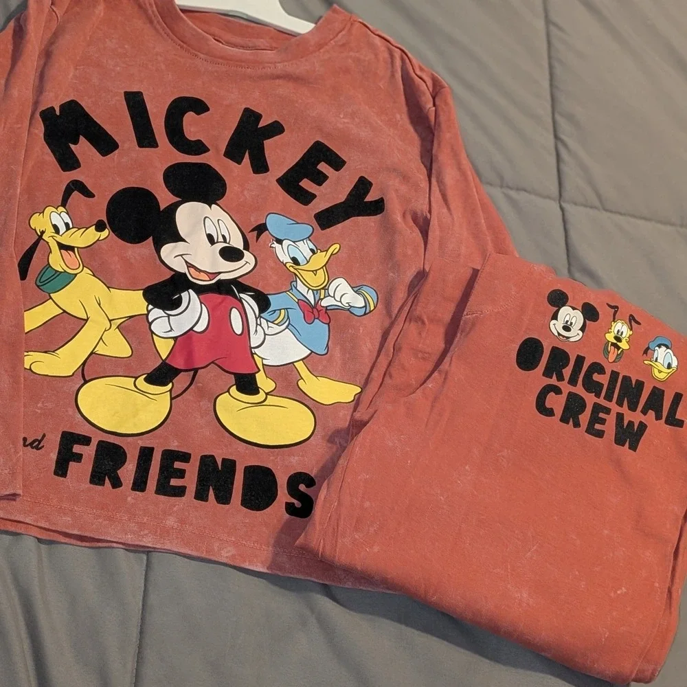 Disney Mickey Friends Kids Mineral Wash 2 Piece Set Red Shirt‎ Pants 7-8 NWOT